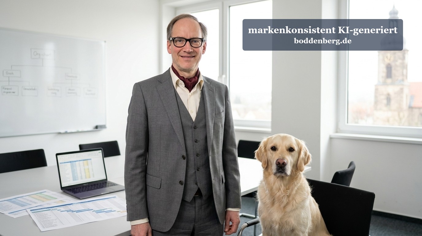 Geschäftsmann mit Brille und grauem Anzug posiert mit einem hellbraunen Labrador in einem modernen Büro neben Laptop und Projektplänen.