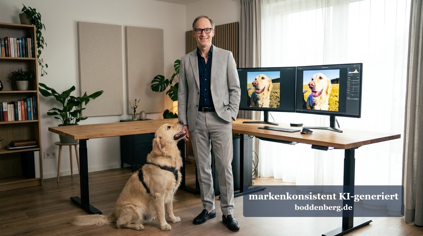 Mann mit Hund im Design-Büro Mann im grauen Anzug mit Brille steht neben einem Golden Retriever in einem modernen Büro mit Doppelmonitor und Regalen.