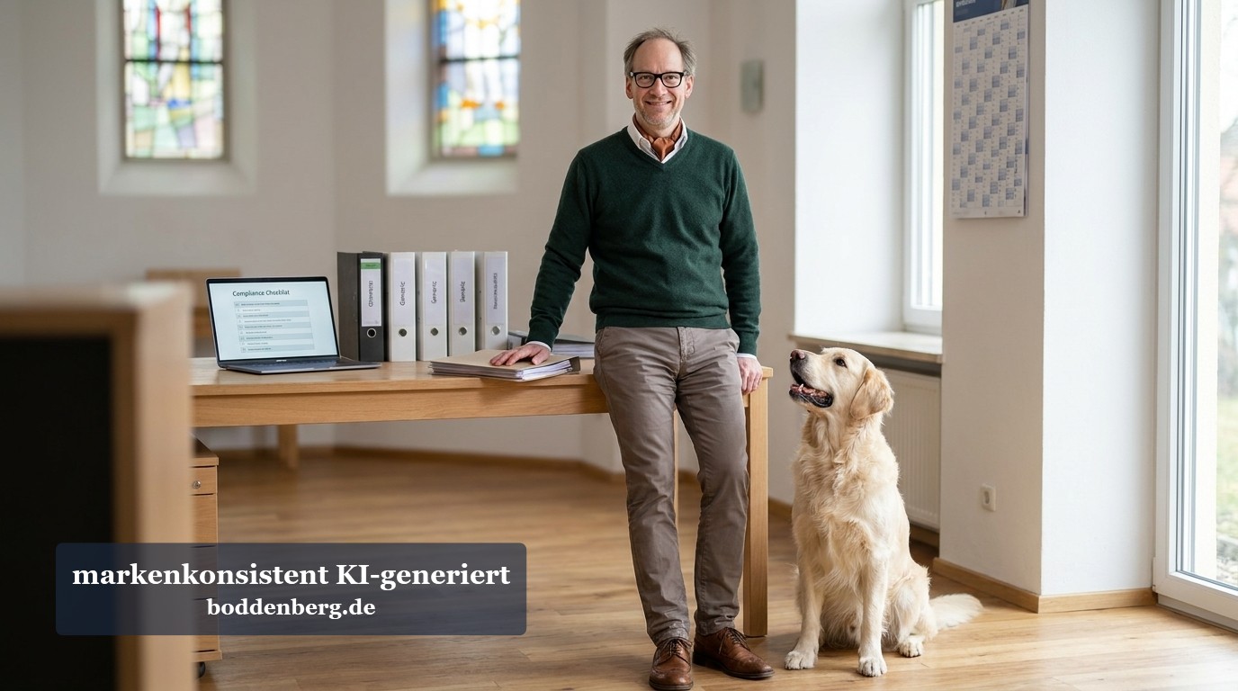 Mann mit Brille und grünem Pullover lehnt an einem Holzschreibtisch neben einem hellbraunen Labrador in hellem Büro mit Fenster.