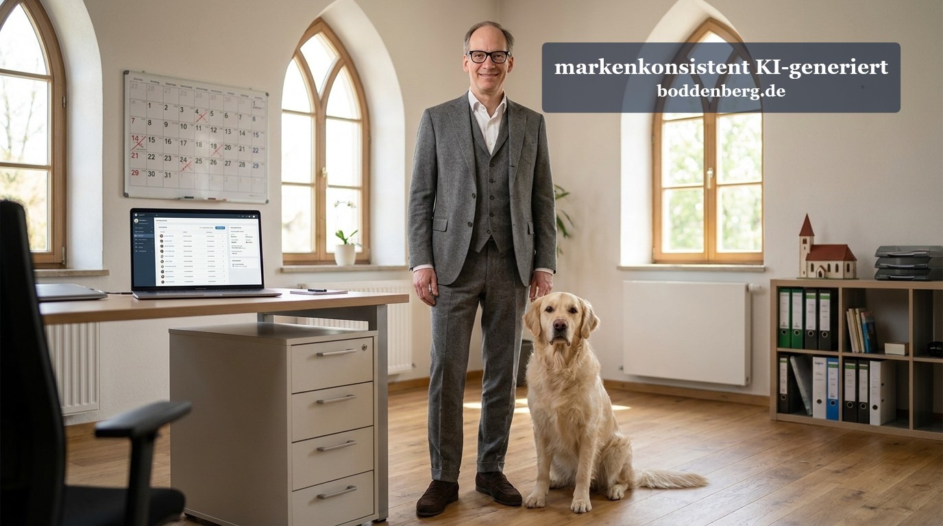 Mann im Anzug steht neben einem Labrador in einem modernen Büro mit gotischen Spitzbogenfenstern und Holzparkett.