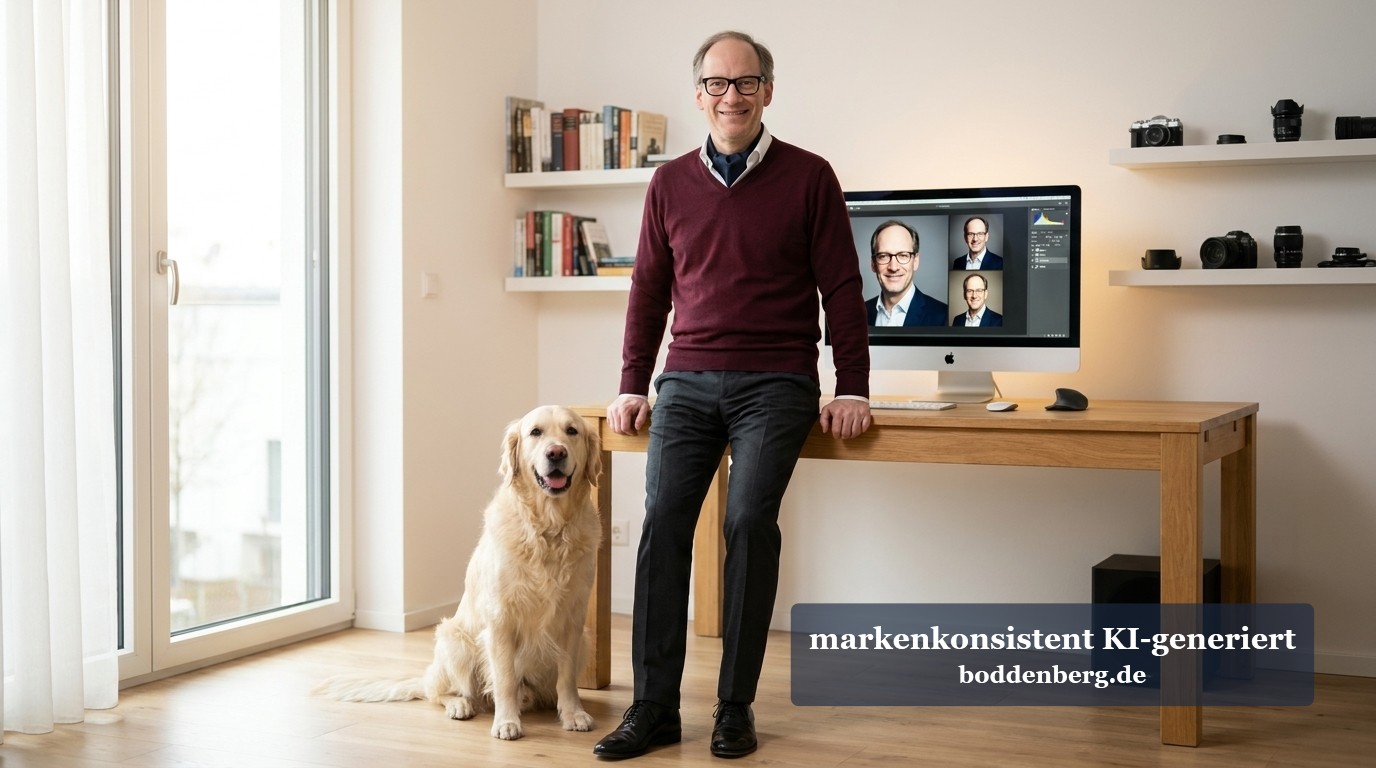 Homeoffice mit Hund: Mann am Schreibtisch in modernem Büro Mann mit Brille in Bordeaux-Pullover lehnt am Schreibtisch neben Golden Retriever, im Hintergrund Monitors mit Videokonferenz-Teilnehmern.
