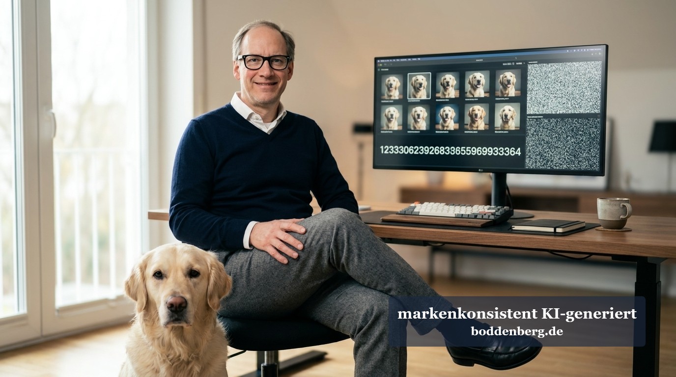 Der Seed: die Zahl, die dich um 3 Uhr nachts verfolgt Mann mit Brille sitzt am Schreibtisch neben einem Labrador, hinter ihm ein Monitor mit Hundefotos und Zahlenreihen.