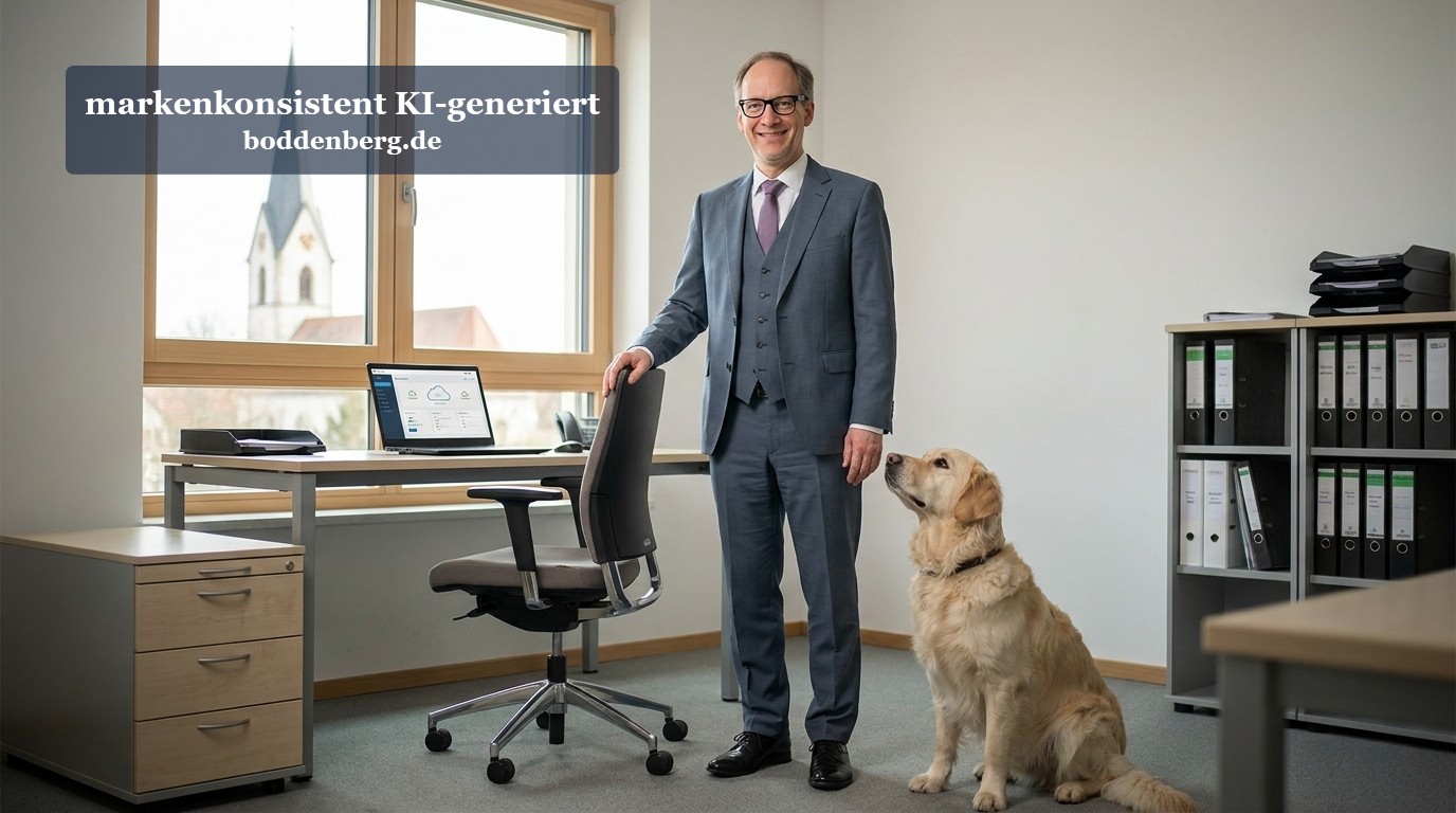 Geschäftsmann mit Labrador im Büro vor Kirchturm Geschäftsmann in dunklem Anzug mit Hund im modernen Büro mit Schreibtisch, Stuhl und Regalen; Kirchturm sichtbar im Hintergrundfenster.
