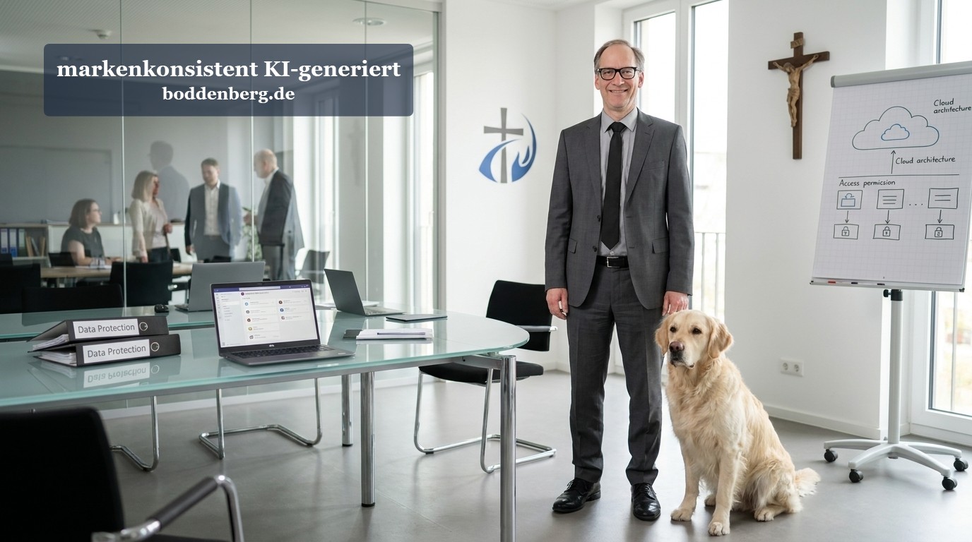 Microsoft 365 in Kirche und Caritas: Kommunalkonzepte Geschäftsmann mit Hund in modernem Büro neben Kreuzreliquiar und Cloud-Architecture-Whiteboard.