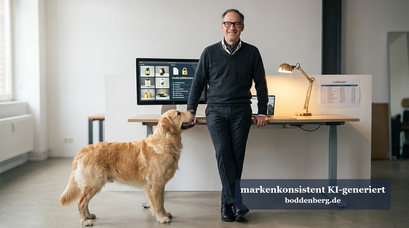 Mann und Hund am Schreibtisch im modernen Büro Mann mit Brille und dunklem Pullover steht neben einem Golden Retriever an einem modernen Schreibtisch mit Monitor und Schreibtischleuchte.