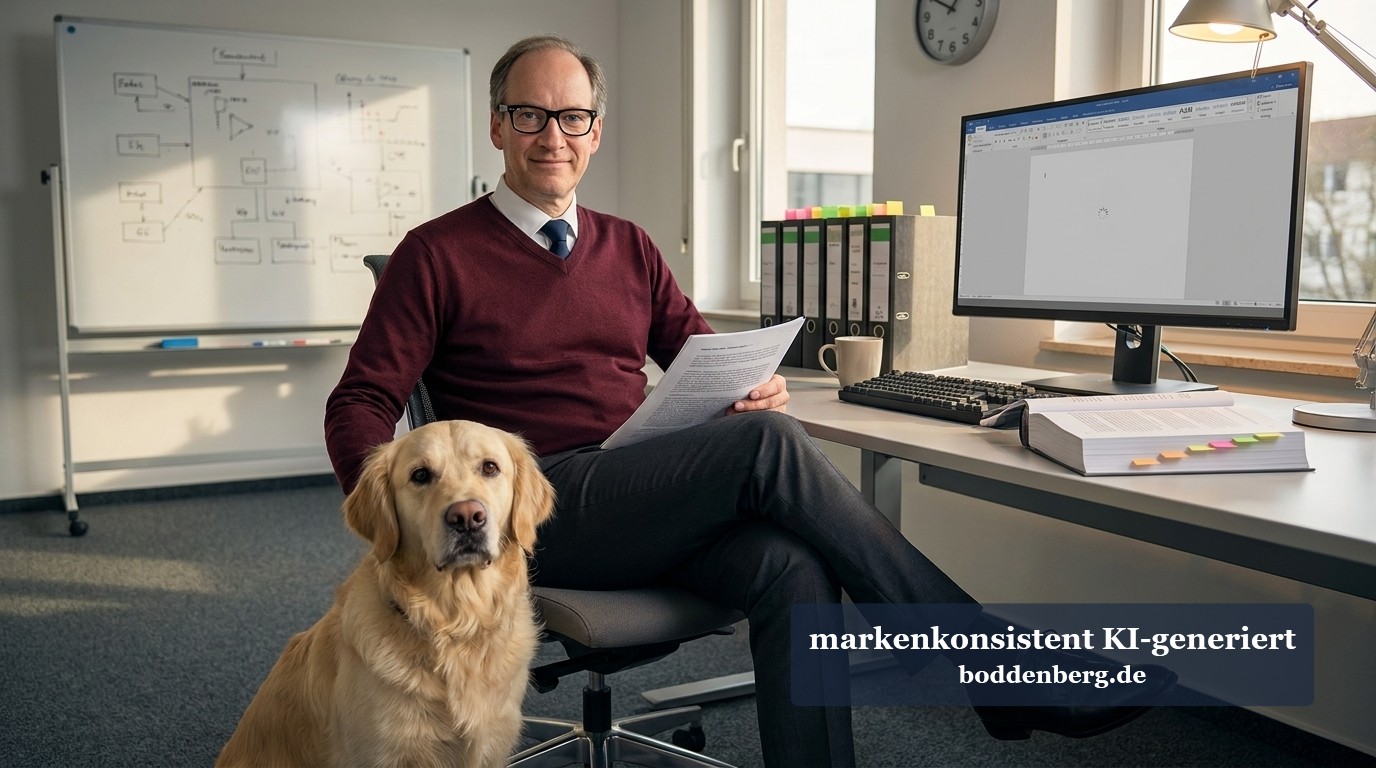 Mann im Büro mit Goldendoodle sitzt am Schreibtisch mit Dokumenten, Monitor und Whiteboard im Hintergrund.