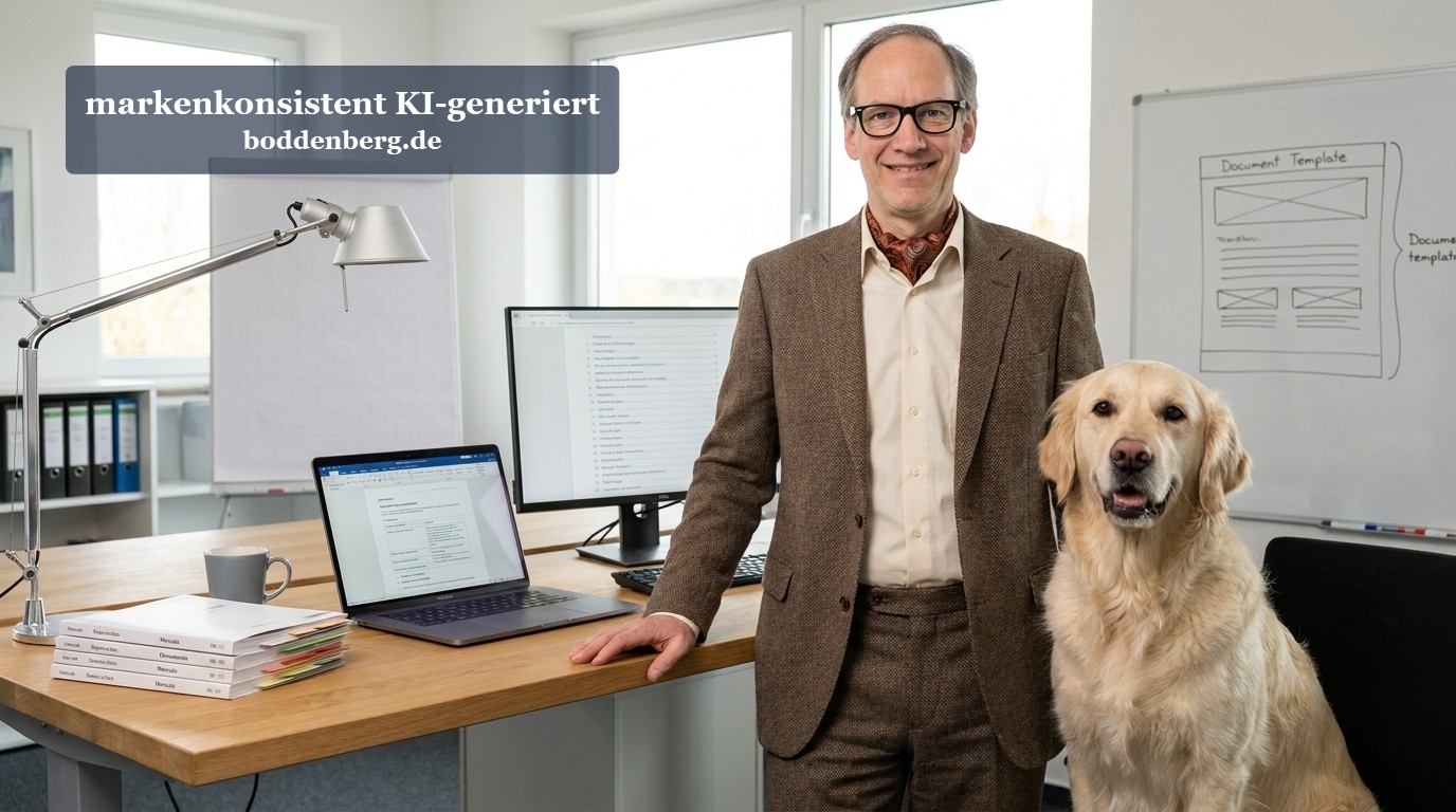 Professionelles Büro mit Mann und Hund am Schreibtisch Mann in Blazer mit Brille steht neben Golden Retriever in modernem Büro mit Schreibtisch, Laptop und Whiteboard.