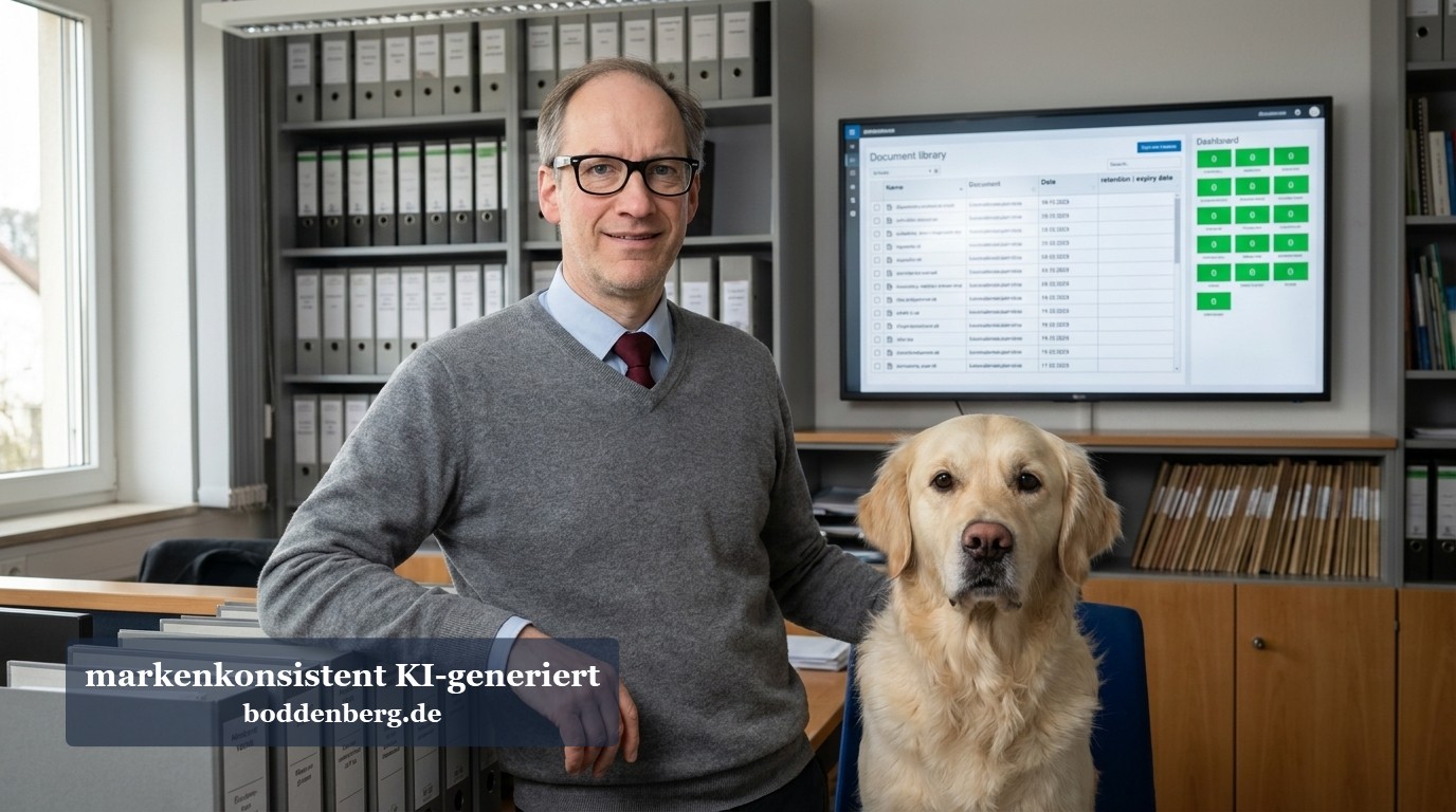 Mann mit Hund im Büro vor Datenverwaltungs-Dashboard Ein Mann mit Brille und grauem Pullover steht neben einem Labrador in einem Büro mit Aktenschränken, Schreibtisch und Monitor mit Datenverwaltungsober…