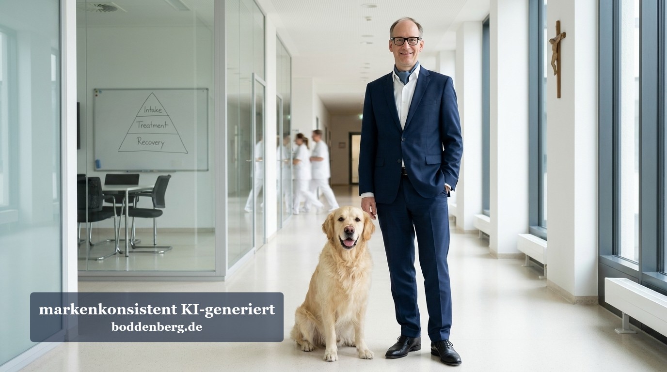 Geschäftsmann mit Hund im Büroflur Mann im dunkelblauen Anzug posiert mit Labrador Retriever in hellem modernem Flur neben Glastüren.