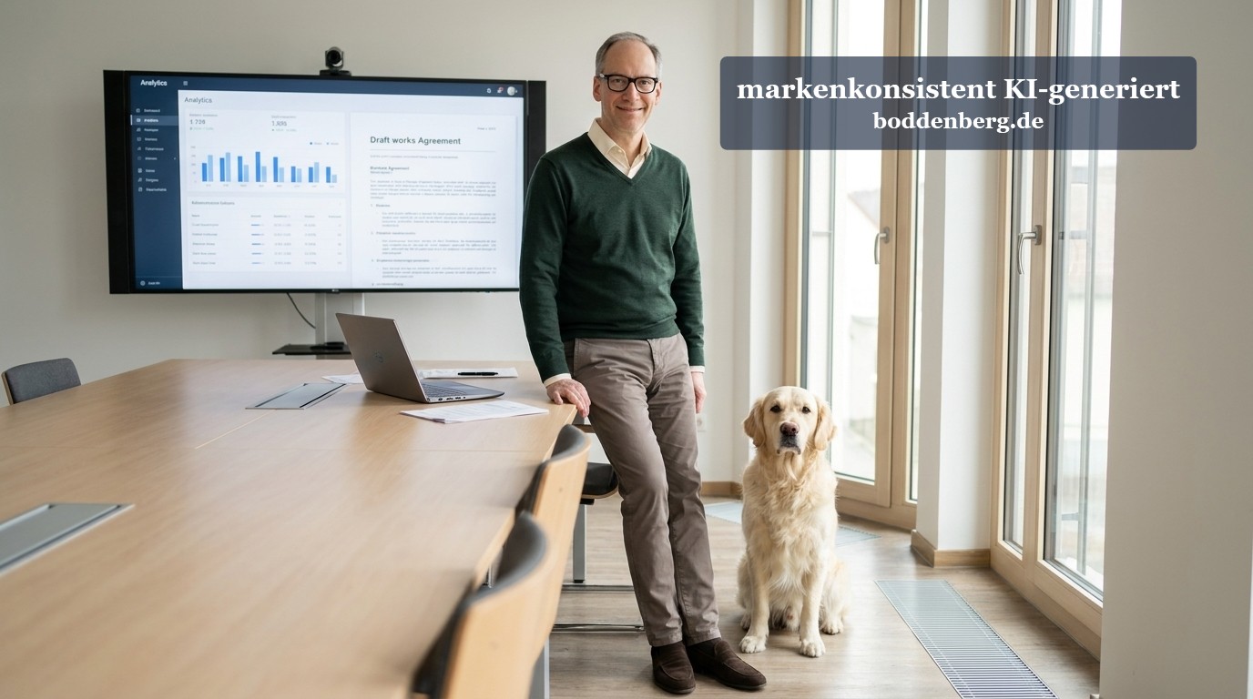 Mann mit Brille und grünem Pullover steht neben einem Golden Retriever in einem hellen Bürokonferenzraum, im Hintergrund ein Monitor mit Analytics-Dia…