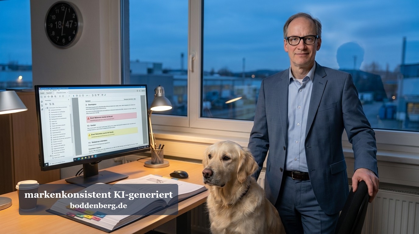 Mann in Businessanzug und Brille steht neben gelbem Labrador in moderner Bürolandschaft mit Schreibtisch, Monitor und Stadtblick bei Dämmerung.
