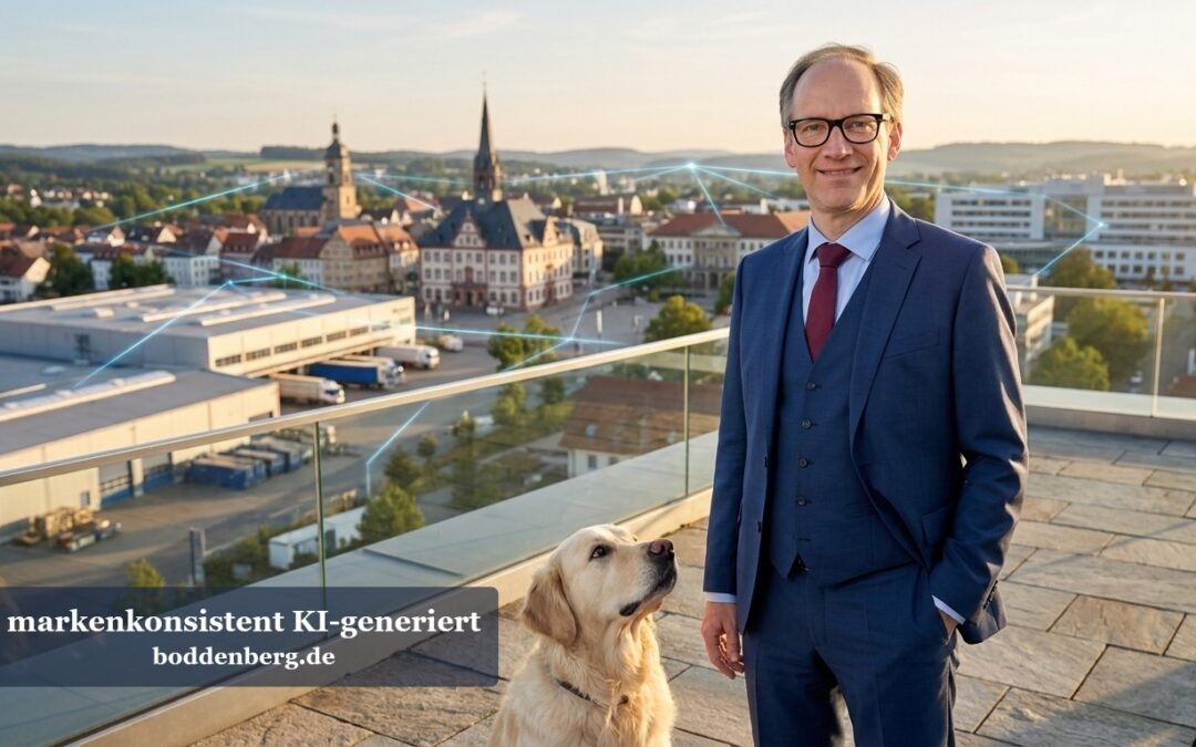 Mann im dunkelblauen Anzug mit Labrador auf einer Dachterrasse mit Blick auf eine mittelalterliche Altstadt und Geschäftsgebäude.
