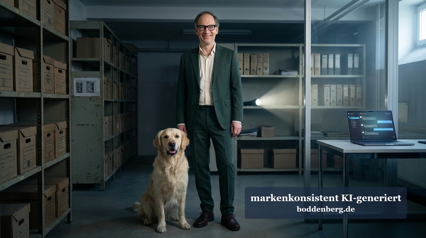 Geschäftsmann mit Brille und grünem Anzug steht neben einem cremefarbenen Labrador in einem Büroarchiv mit Kartonboxen und Glasschränken voller Akteno…