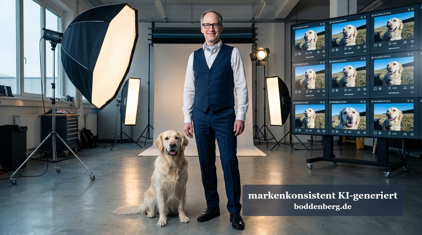 Das sieht man doch sofort Mann mit Brille in blauem Anzug steht neben einem goldfarbenen Hund in einem Fotostudio mit Softboxen und großem Bildschirmwall im Hintergrund.