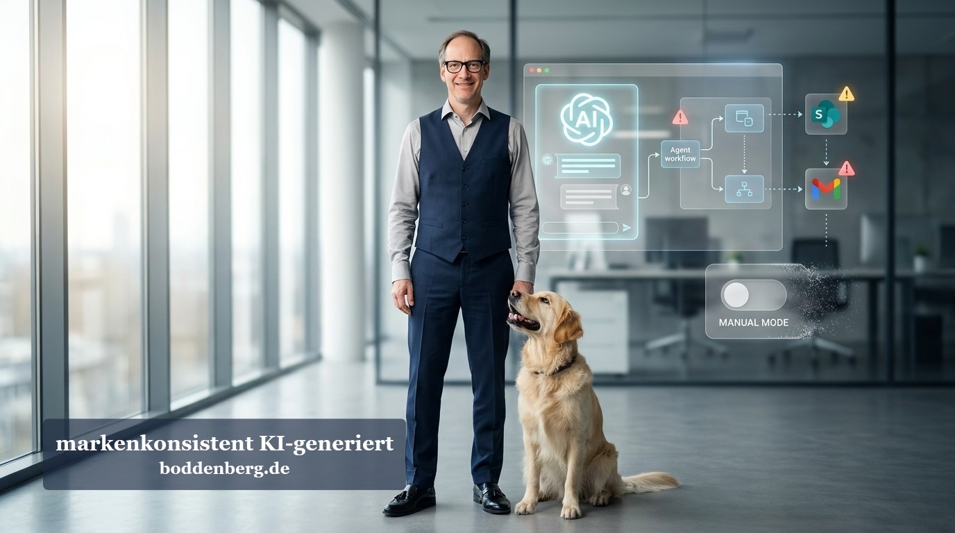 Ein Mann in Anzugweste und Brille steht neben einem Golden Retriever vor einem Fenster, hinter ihm ist ein holografisches Interface mit KI-Workflow-Di…