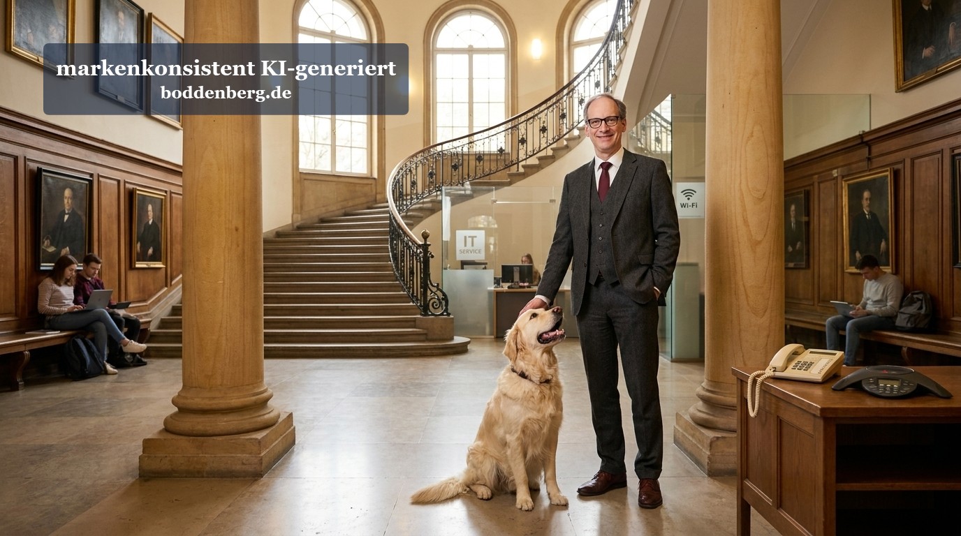 Professorales Portrait in klassischer Hochschularchitektur Ein Mann im dunklen Anzug mit Brille und Hund in klassischer Hochschulflur mit Säulen, Treppe und historischen Portraits.