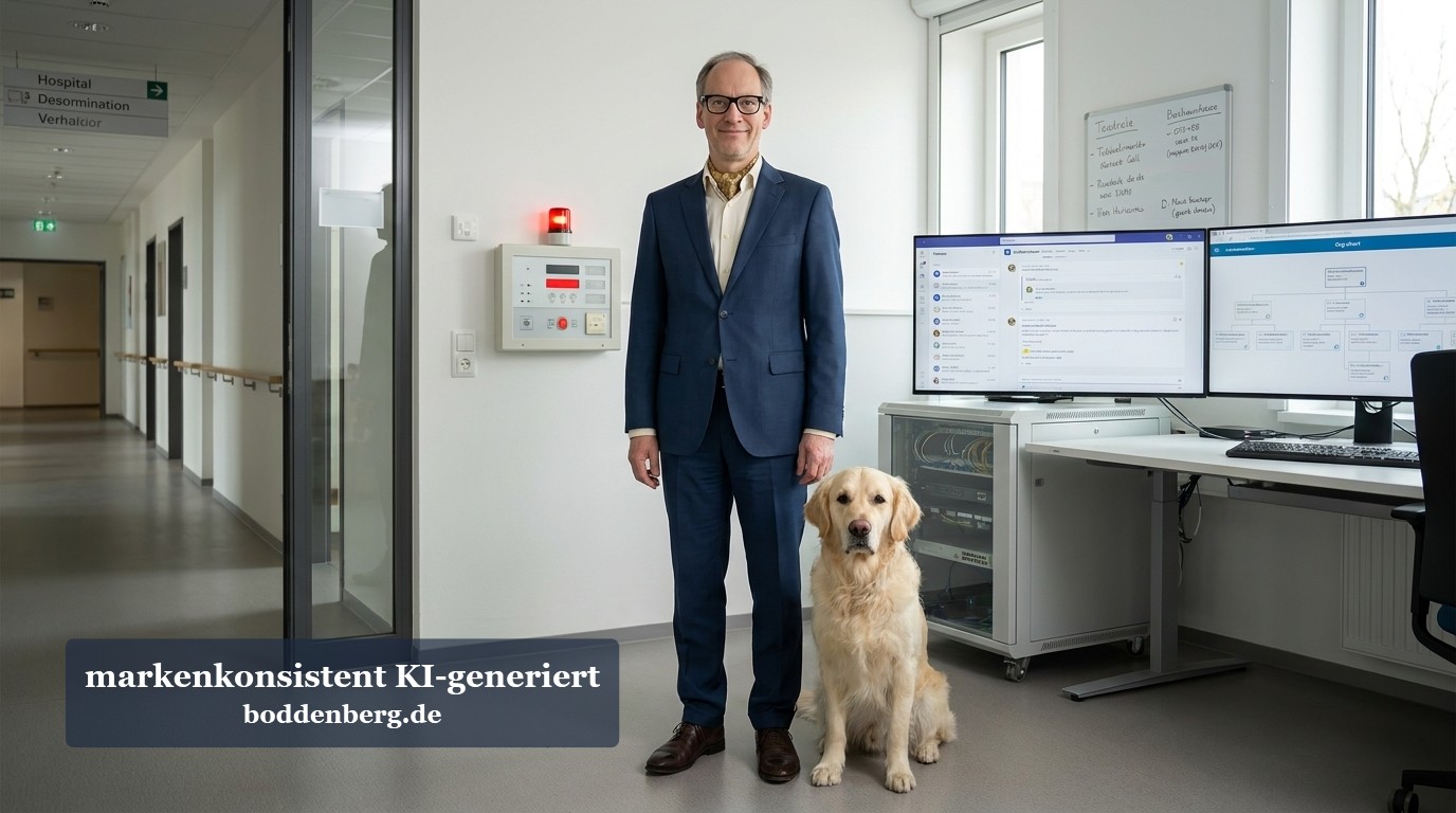 Notfallmanagement im Krankenhaus-Kontrollzentrum Geschäftsmann mit Brille und Blazer steht neben einem beigen Labrador Retriever in einem modernen Krankenhaus-Kontrollzentrum mit Monitoren und Notfal…
