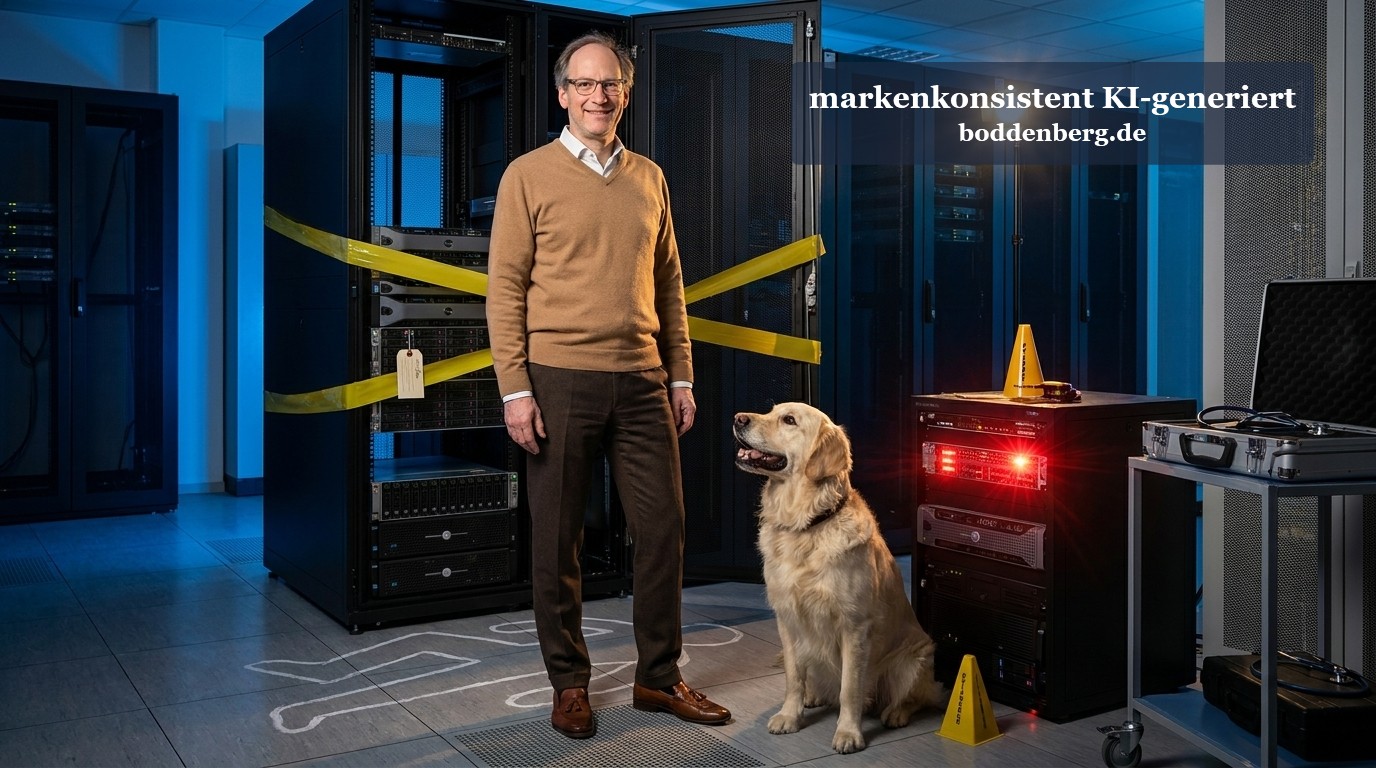 Infrastruktur-Ausfallszenario im Serverraum Mann mit Brille und Hund im Serverraum mit Serverracks, gelben Warn- und Sicherheitsabsperrbändern.