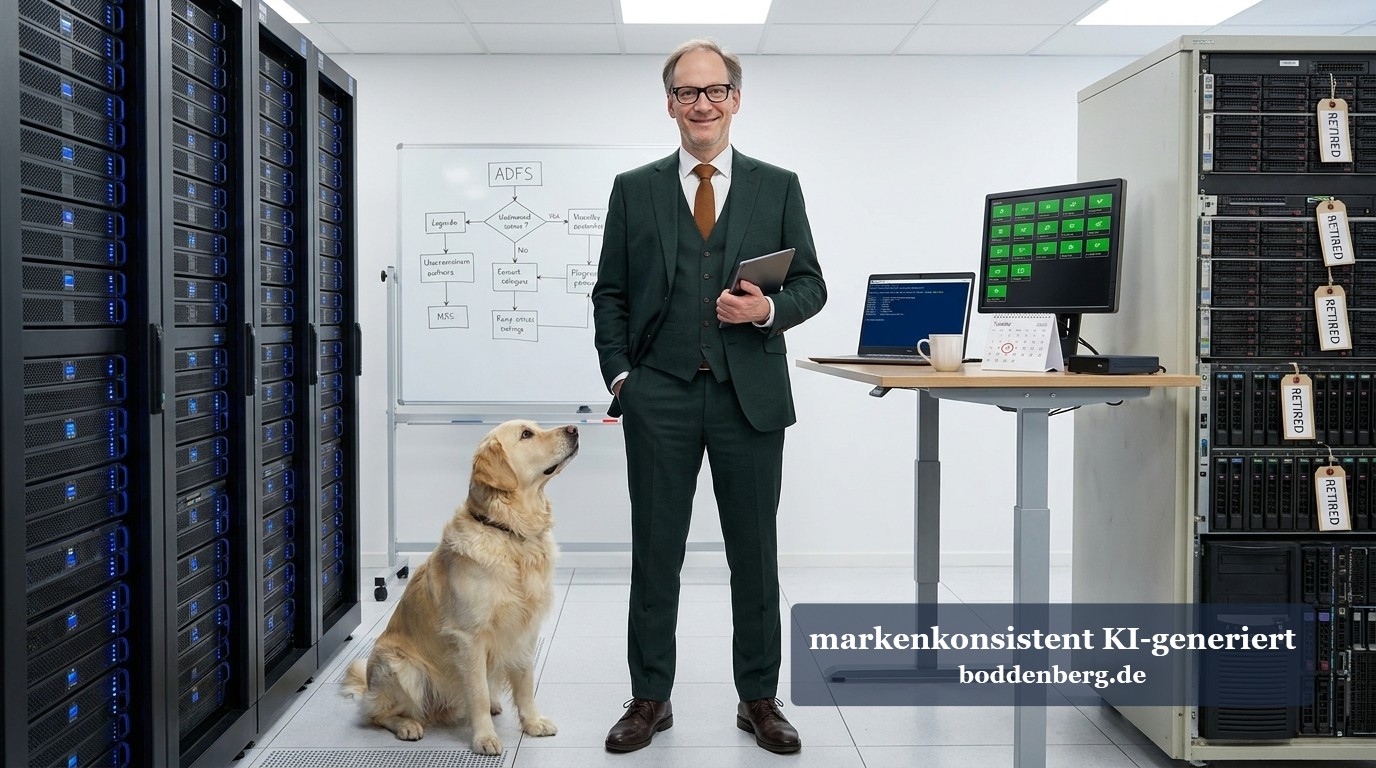 IT-Infrastruktur: Mann, Hund und Server Ein Mann im Anzug mit Tablet steht neben einem Golden Retriever in einem Serverraum voller Hardware und Monitore.