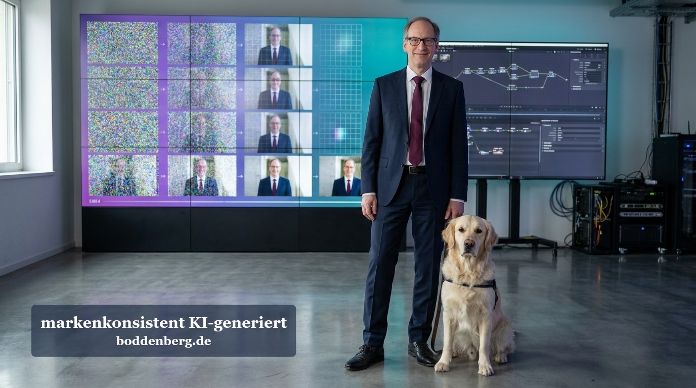 Geschäftsmann mit Hund steht vor großem Display mit Videokonferenz-Teilnehmern und technischen Diagrammen.
