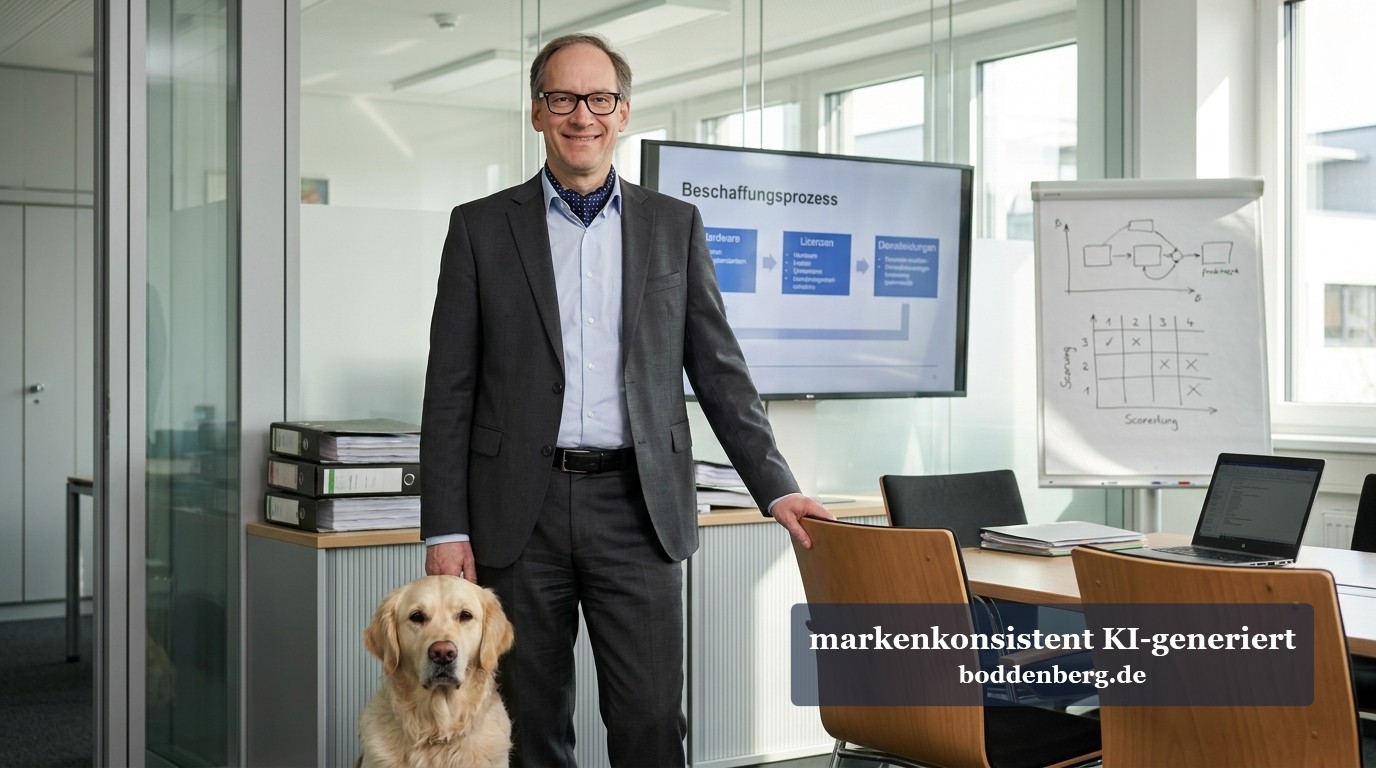 Mann in dunklem Anzug mit Brille steht neben einem Labrador Retriever vor einem Schreibtisch mit Diagrammen in einem modernen Büro.
