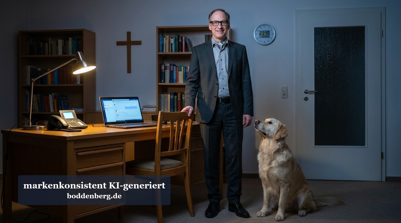 Mann in Anzug und Brille mit Hund im professionellen Büroumfeld mit Schreibtisch, Bücherregalen und Uhr.