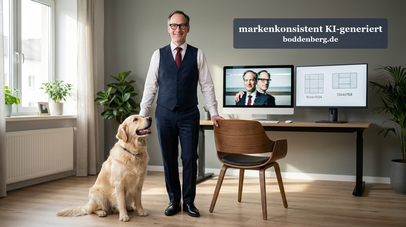 Mann mit Hund im modernen Büro Ein Mann in Business-Kleidung steht neben einem Golden Retriever in einem modernen Büro mit Schreibtisch, Monitoren und Pflanzen.