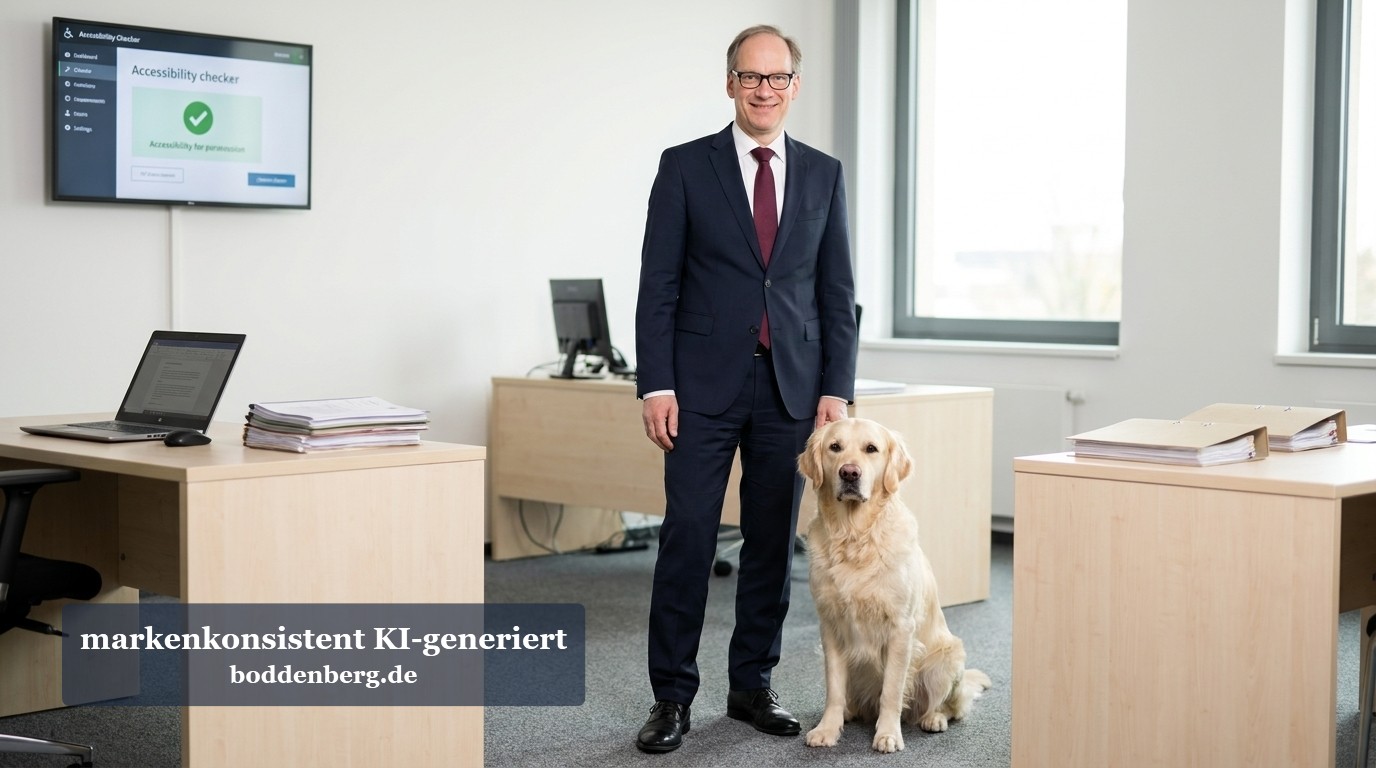 Barrierefreiheit im Büro: Mann mit Hund und Accessibility-Checker Geschäftsmann mit Brille im dunkelblauen Anzug steht neben einem cremefarbenen Labrador-Retriever in einem modernen Büro mit Holzschreibtischen und Ac…