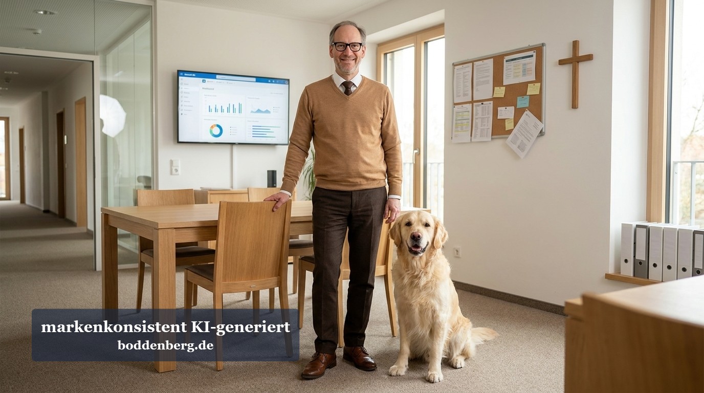 Mann mit Brille und Hund sitzen gemeinsam in modernem Büro mit Holzmöbeln und Diagrammen an der Wand.