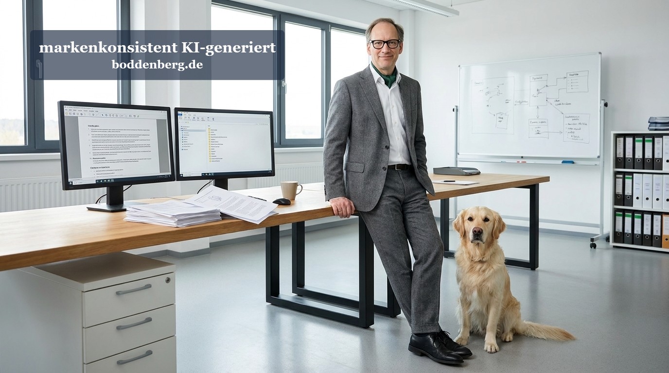 Mann und Hund im modernen Büro-Workspace Ein Mann im Anzug steht neben einem Schreibtisch mit Dual-Monitor-Setup, neben ihm sitzt ein hellgoldener Labrador auf dem Fußboden.