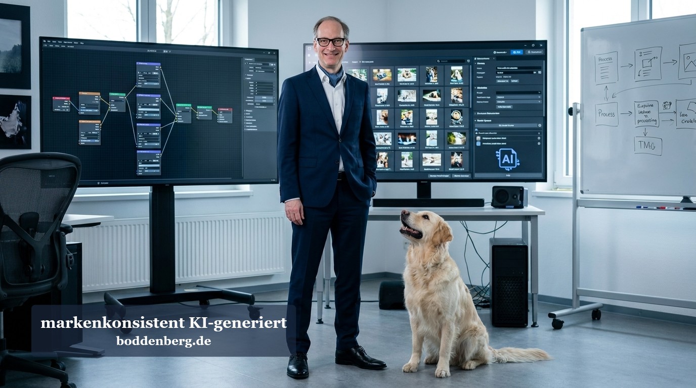 Digitales Büro mit Person und Hund Ein Mann in dunklem Anzug steht mit einem hellgelben Hund in einem modernen Büro mit großen Monitoren, Whiteboards und Designsoftware.
