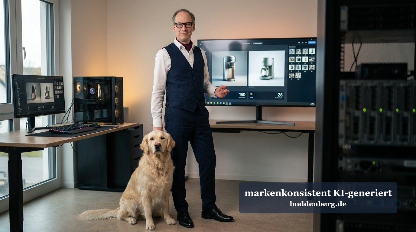 Mann in Anzugsweste und Brille steht neben einem Golden Retriever in einem Büro mit mehreren Bildschirmen und digitaler Visualisierungssoftware.