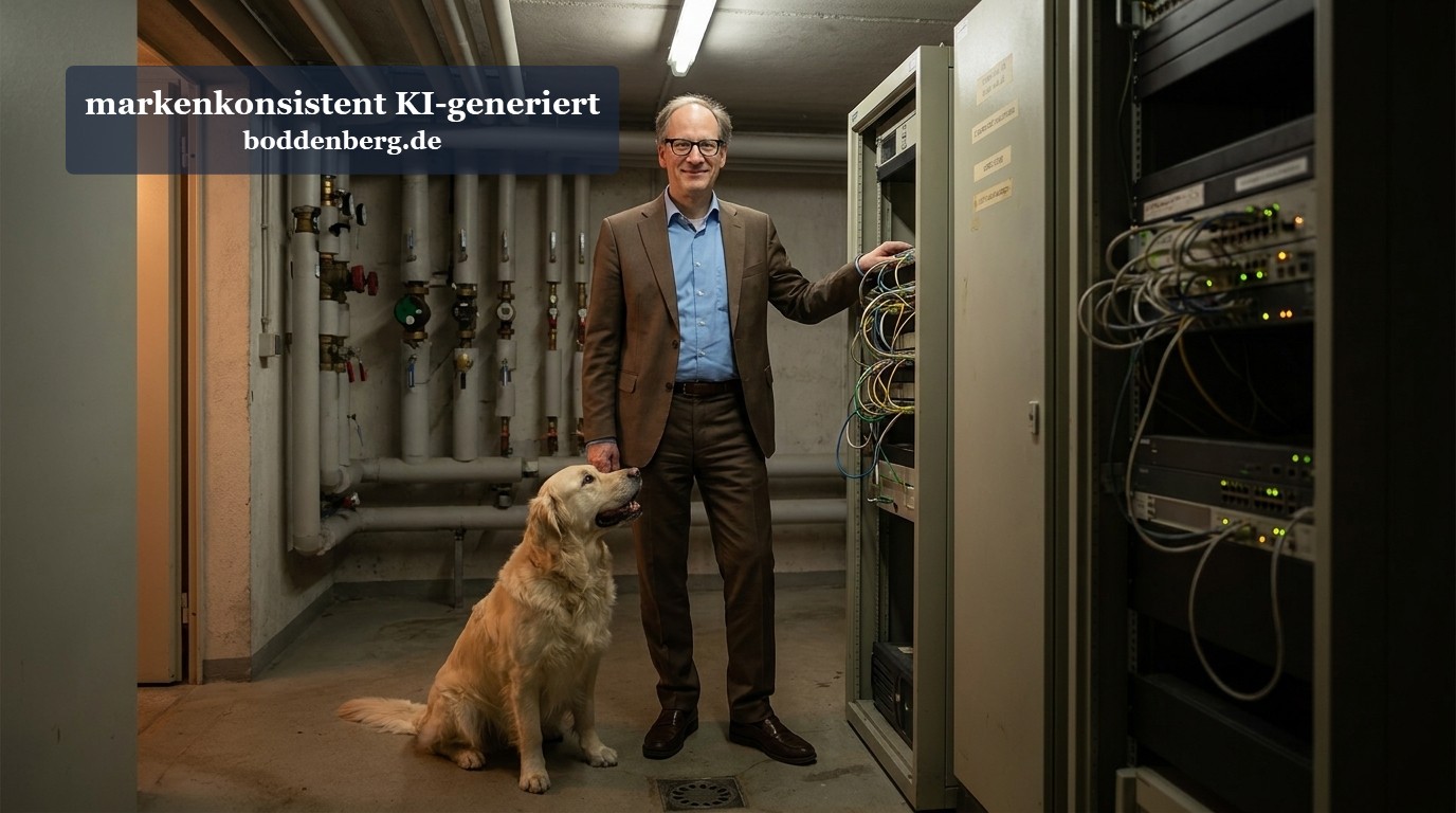 Mann mit Hund im Serverraum Ein älterer Mann in Anzug und Brille steht mit einem Golden Retriever in einem technischen Serverraum neben Netzwerkschränken mit Kabeln.