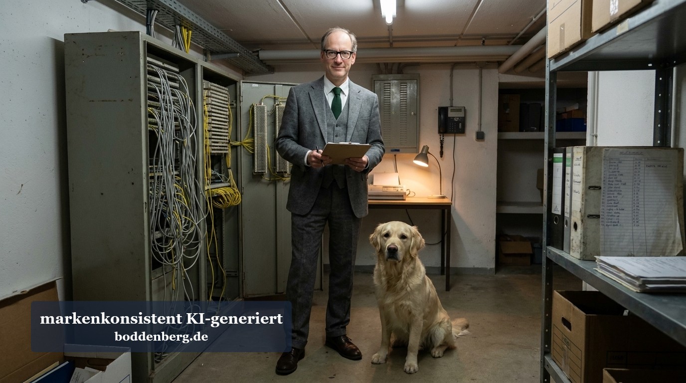 Mann mit Tablet und Hund im Serverraum Ein Mann in grauem Anzug mit Brille hält ein Tablet in der Hand und steht neben einem sitzendem Labrador in einem Serverraum mit Schränken und Verkabe…