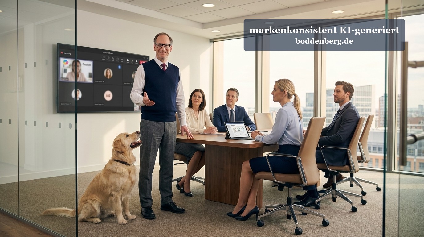 Business-Meeting mit Hund in modernem Konferenzraum Mann mit Hund präsentiert in modernem Konferenzraum vor vier Kollegen an einem Holztisch mit Monitor im Hintergrund.