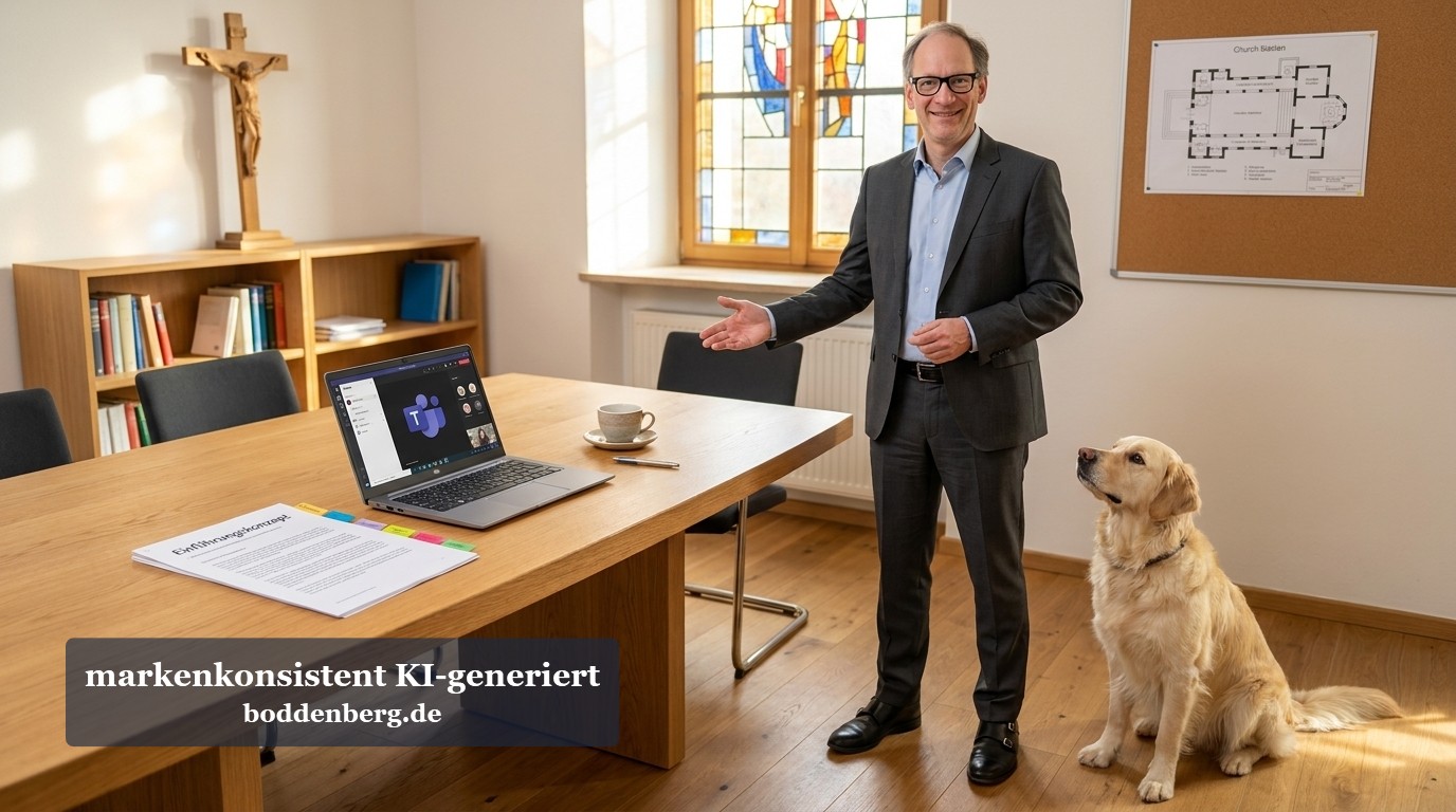 Ein Berater in dunklem Anzug steht neben einem cremefarbenen Labrador in einem Besprechungsraum mit Holzmöbeln, religiösen Symbolen und Architekturplä…