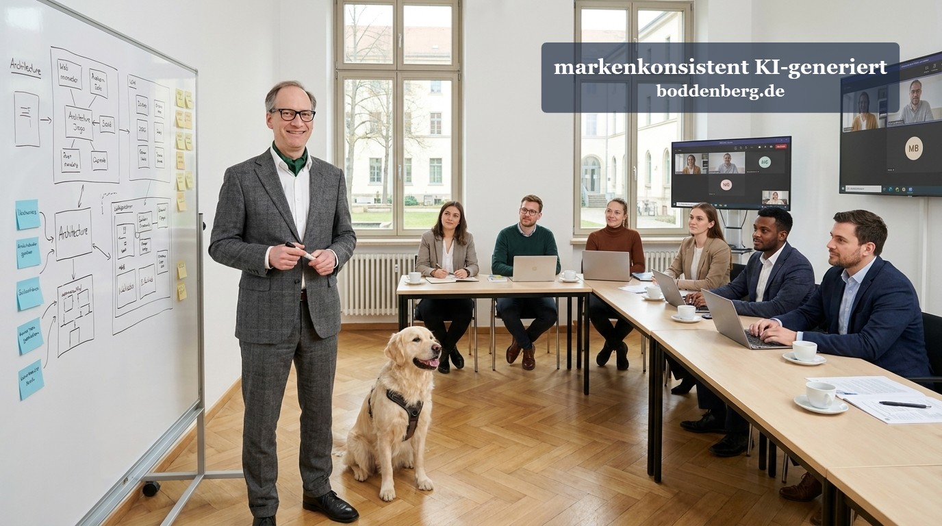 Microsoft-365-Schulung für Hochschulen und Forschung Mann in grauem Anzug präsentiert vor einer Whiteboard-Skizze, während Teamkollegen und ein Hund im Konferenzraum zuschauen.