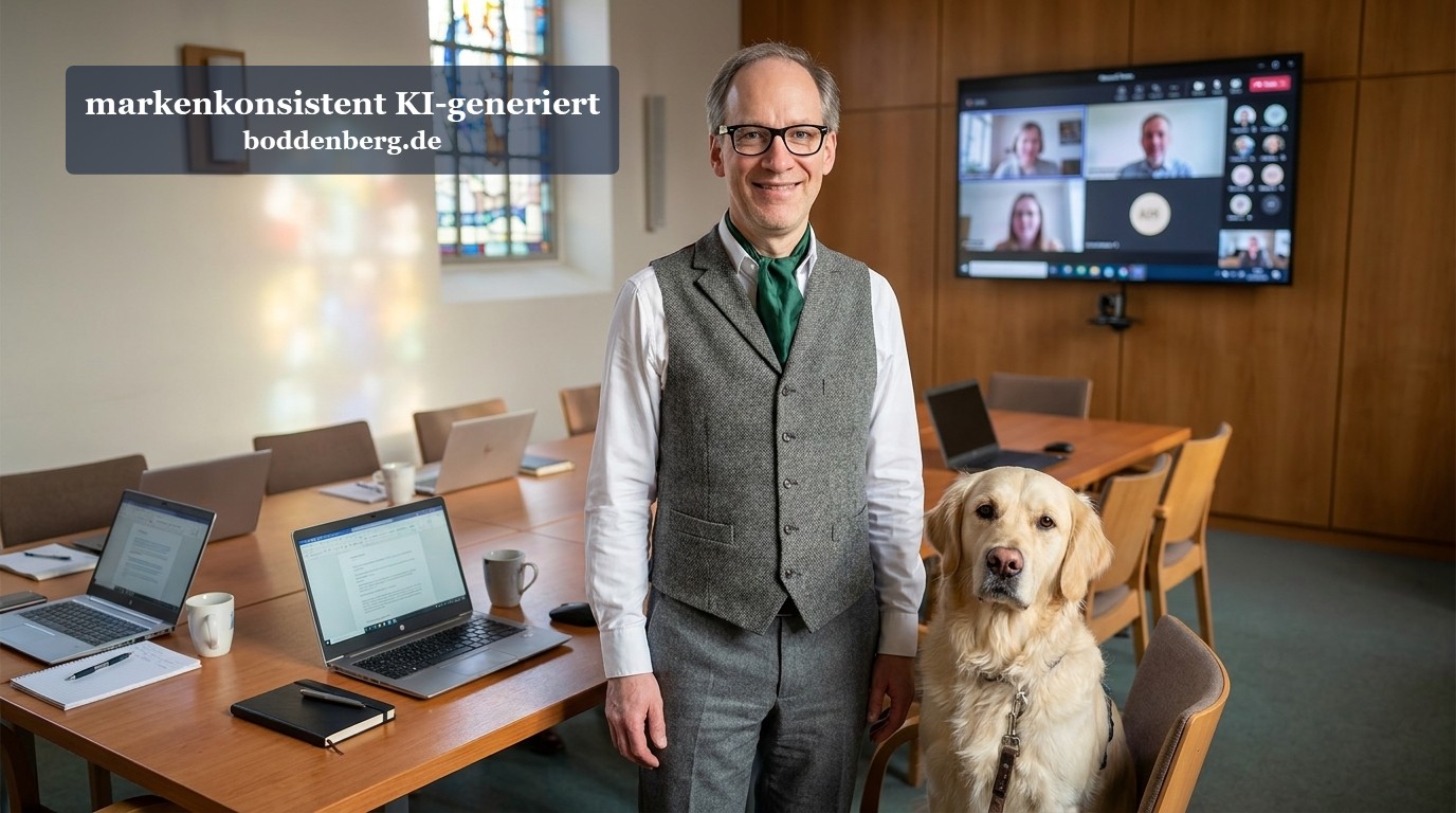 Mann mit Brille in Weste und Hemd steht neben einem Golden-Retriever in einem Konferenzraum mit Tischen, Laptops und Bildschirm mit Videokonferenzteil…