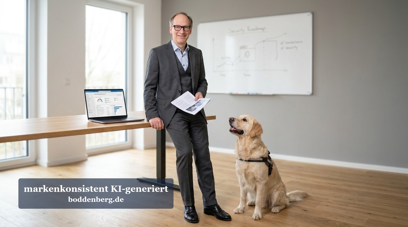 Ein Berater in grauem Anzug steht neben einem Schreibtisch mit Laptop in einem modernen Büro, neben ihm sitzt ein Labrador Retriever.