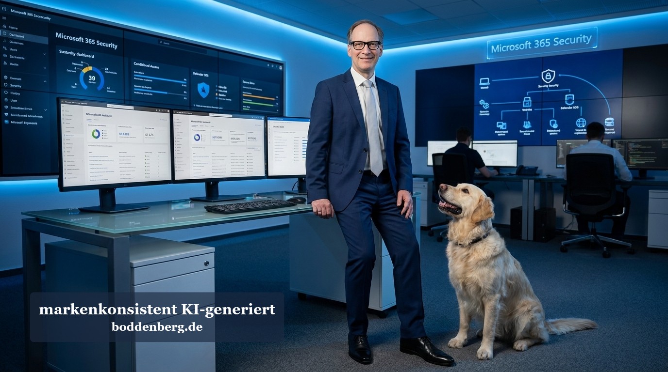 Microsoft 365 Security IT-Zentrum Geschäftsmann in dunklem Anzug steht vor überwachten Monitoren neben einem Hund in einem modernen IT-Sicherheitszentrum mit blauer Ausleuchtung.