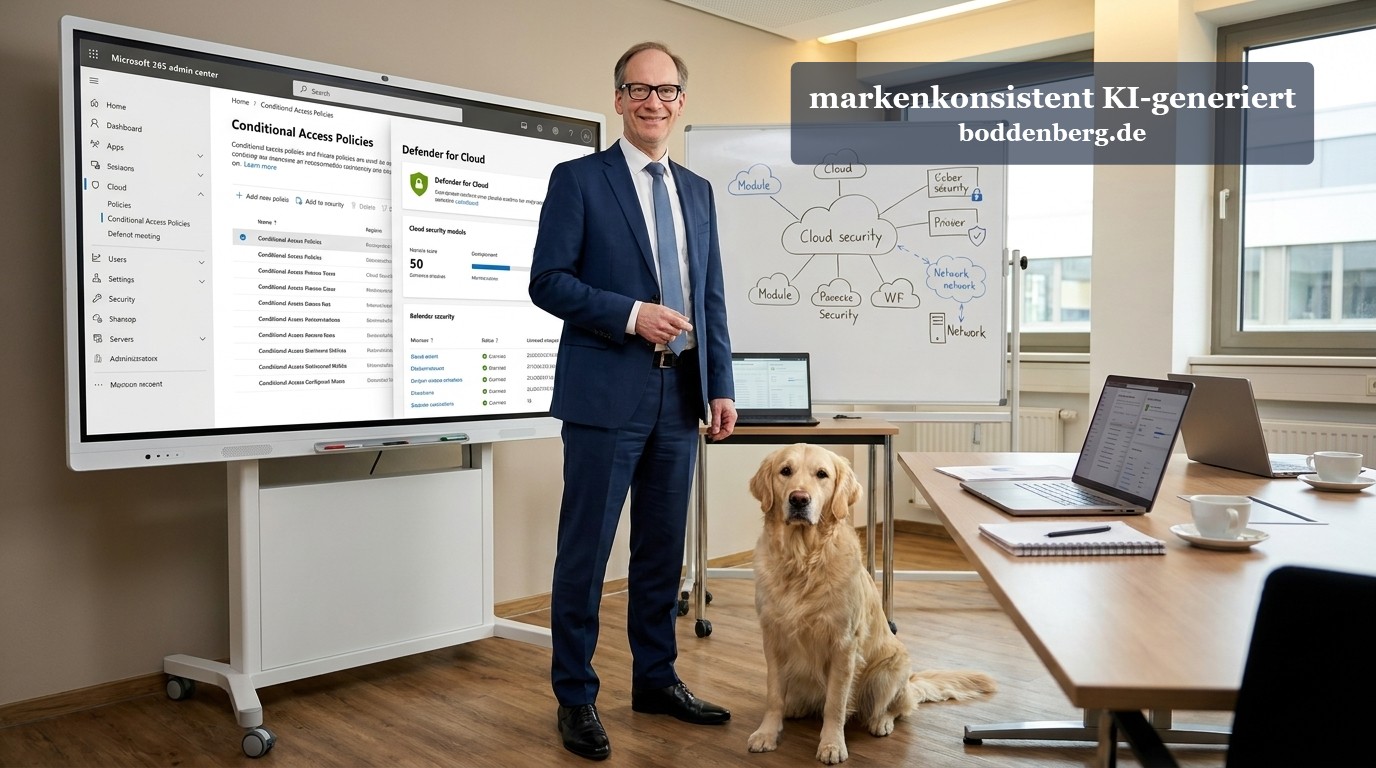 Mann im Anzug steht neben einem Golden Retriever vor einem großen Monitor mit Cloud-Security-Inhalten und einem Whiteboard mit IT-Sicherheitsnotizen.