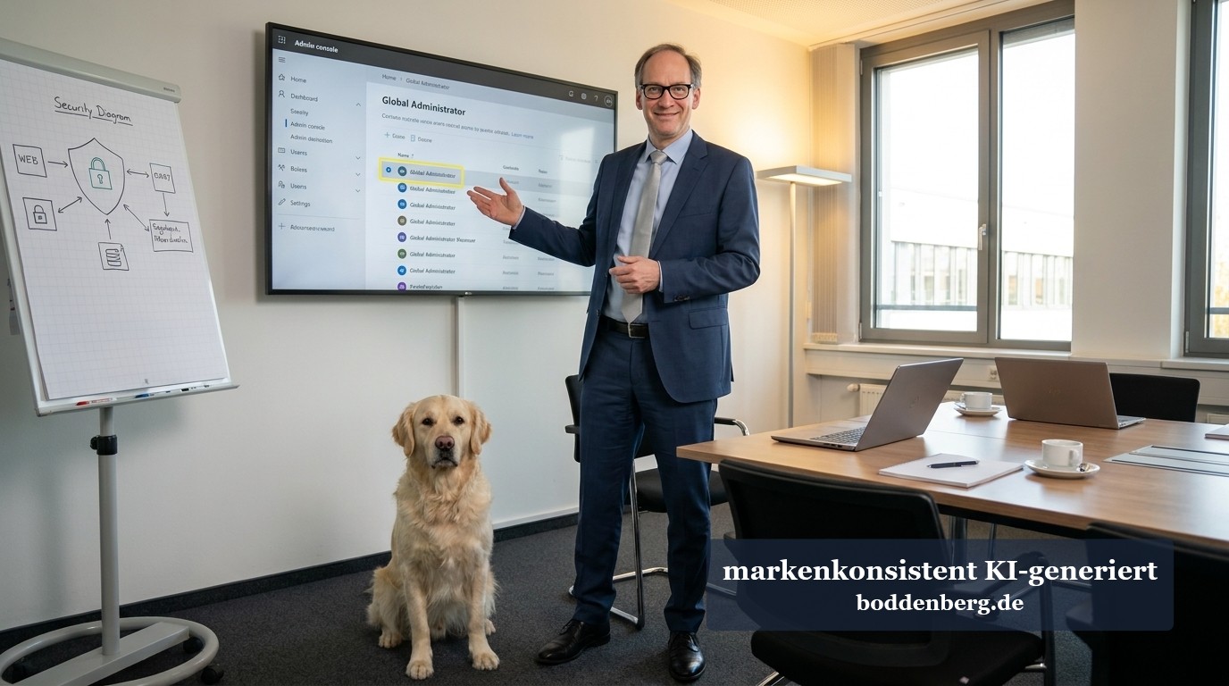 Berater in Business-Anzug präsentiert vor einem Monitor mit Admin-Konsole, daneben sitzt ein Golden Retriever im Besprechungsraum.