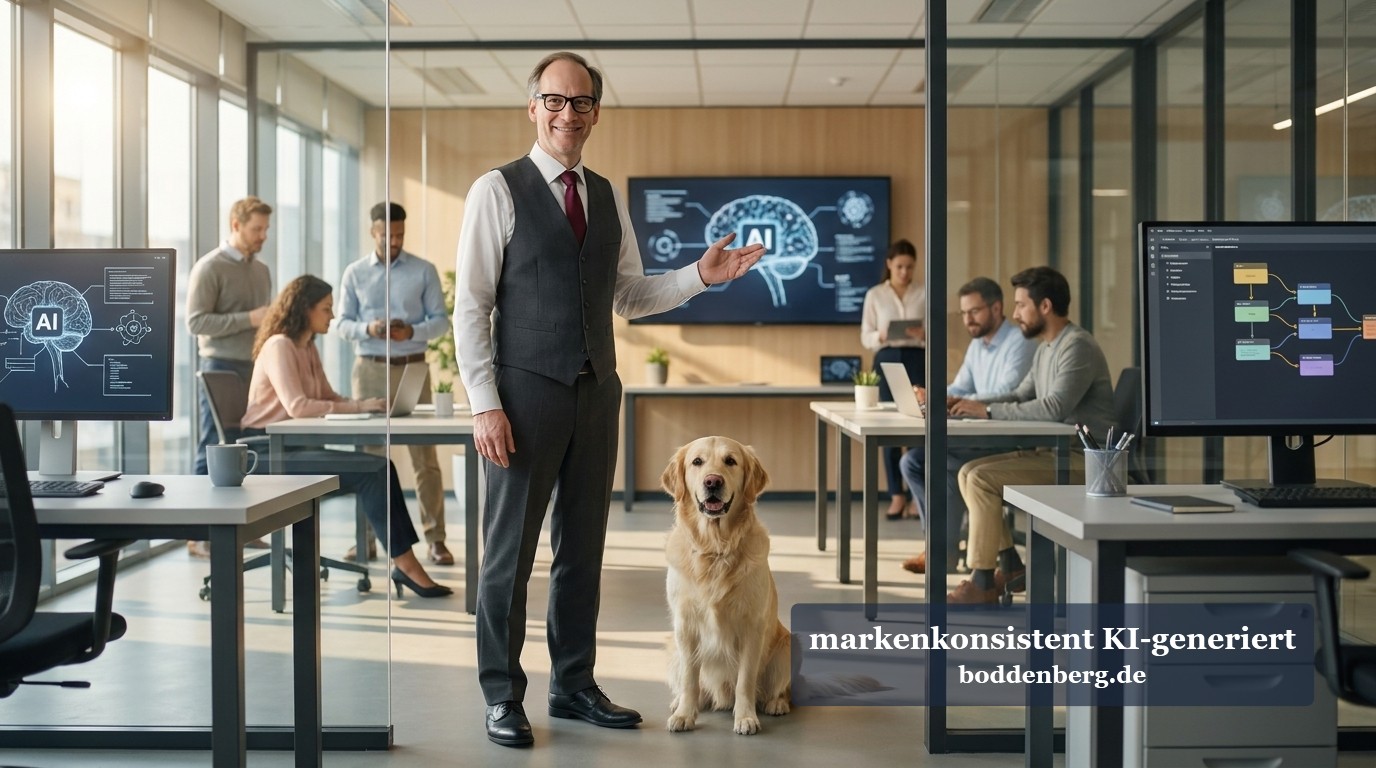 Ein Mann in Weste präsentiert in einem modernen Büro mit Glaswänden, während ein Labrador neben ihm sitzt und Kollegen mit AI-Displays arbeiten.