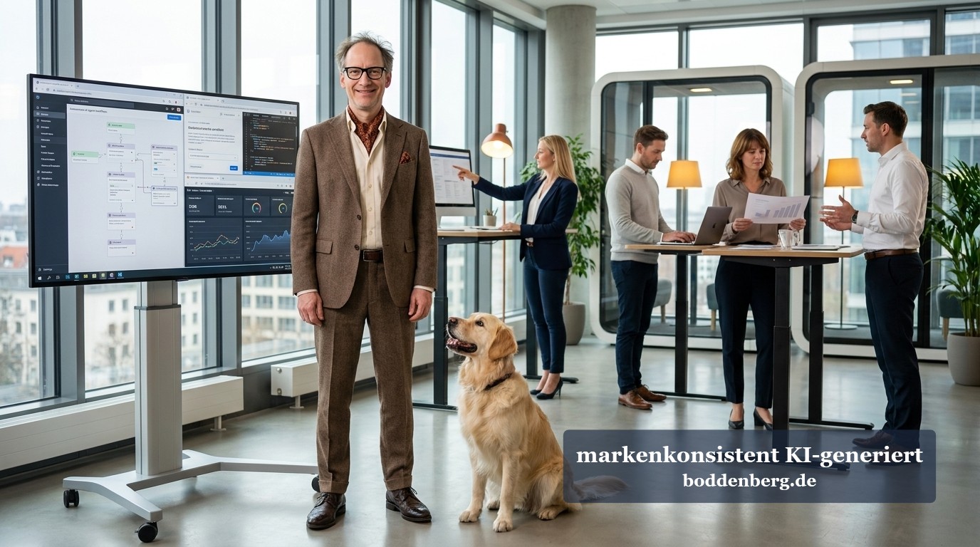 Modernes Office-Team mit Golden Retriever Mann im braunen Anzug mit Hund sitzt in modernem Büro, während Colleagues im Hintergrund an Tischen arbeiten.