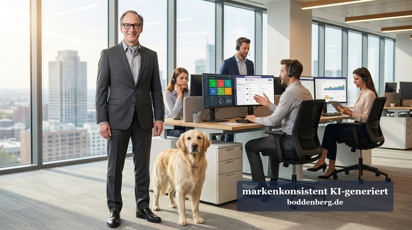 Teams Phone: Die Wand steht bei 200 – und keiner sagt Bescheid Modernes Büro mit High-Rise-Blick: Ein Mann in grauem Anzug steht neben einem Labrador Retriever, während das Team an Schreibtischen mit Monitoren und…