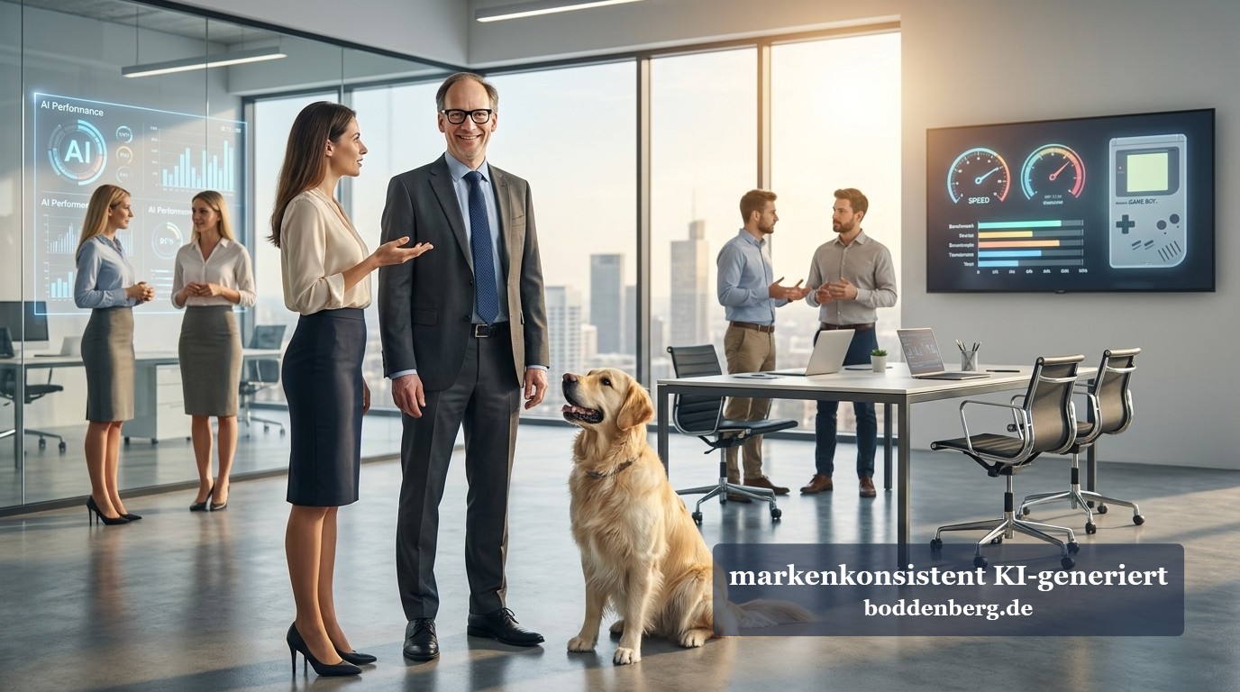 Team im High-Tech-Büro mit KI-Performance-Grafiken Geschäftsteam in modernem Büro mit Glaswänden, Stadtpanorama im Hintergrund und goldenem Hund im Vordergrund.
