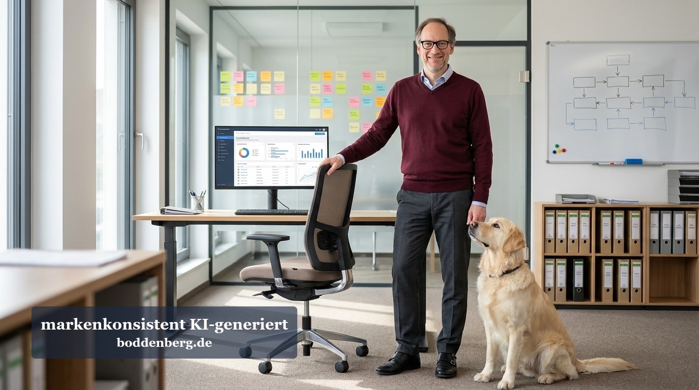Modernes Büro mit Mann und Hund Mann mit Brille und Pullover steht neben einem Labrador in einem modernen Büro mit Schreibtisch, Monitor, Whiteboard und Post-it-Notizen.