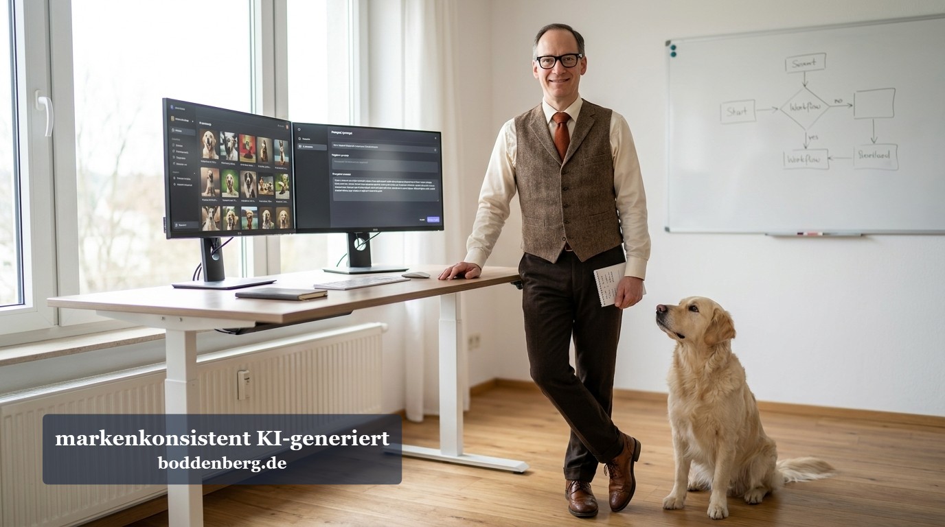 Mann mit Brille und Weste steht lächelnd neben einem hellgelben Labrador-Retriever in einem modernen Büro mit Doppelmonitor und Whiteboard.