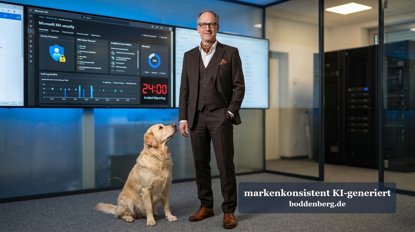 NIS2 in M365: Sicherheitsprojekt mit Mensch und Hund Geschäftsführer mit Hund vor Sicherheitsdashboard und Microsoft-365-Anzeigen in modernem Serverraum.