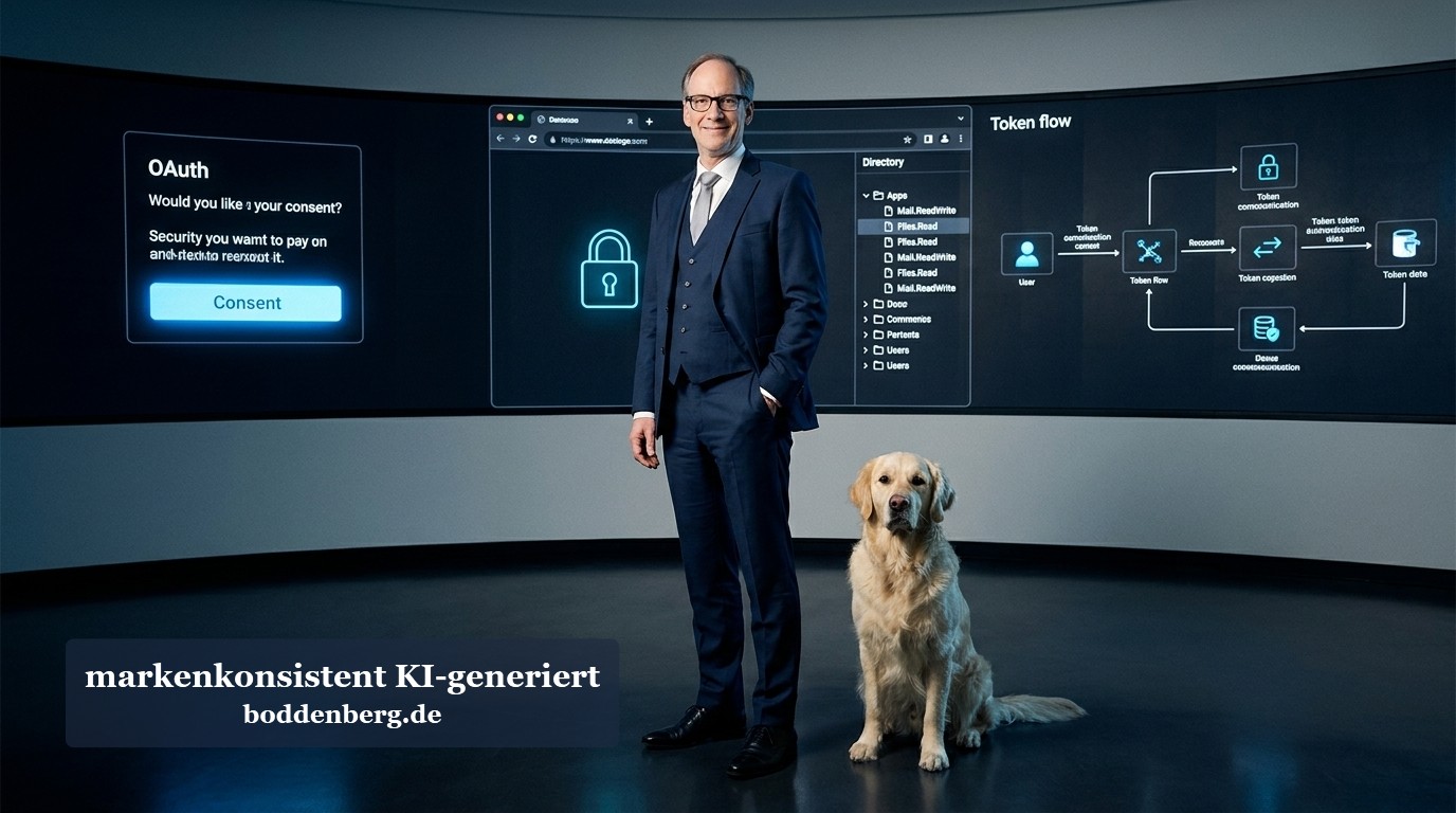 Geschäftsmann mit Brille in dunklem Anzug steht mit gelbem Labrador neben UI-Elementen zu OAuth und Token-Flow auf futuristischem dunkelblauen Hinterg…